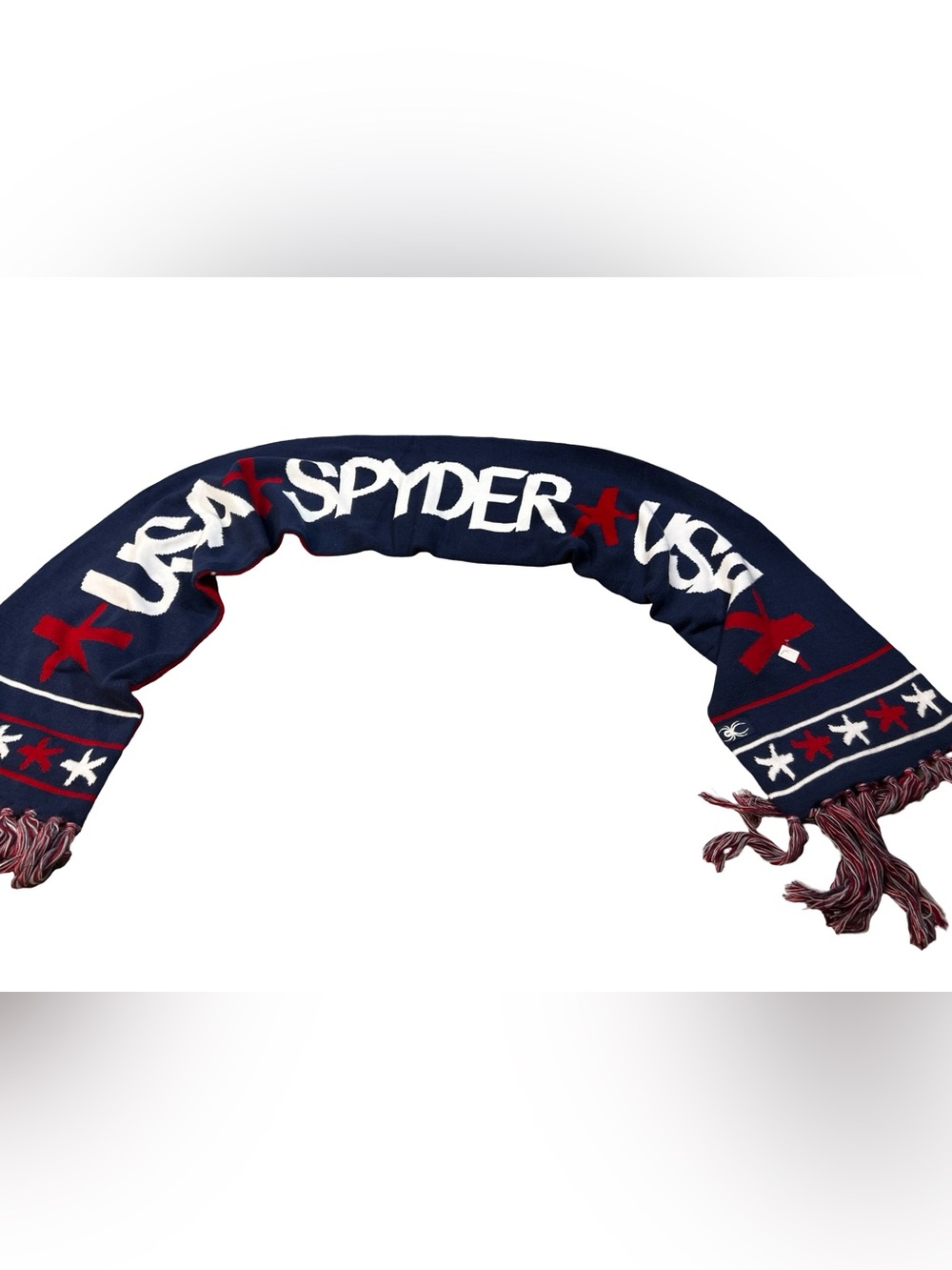 Spyder USA Men’s knit Scarf Red Navy White One Size patriotic American fringe